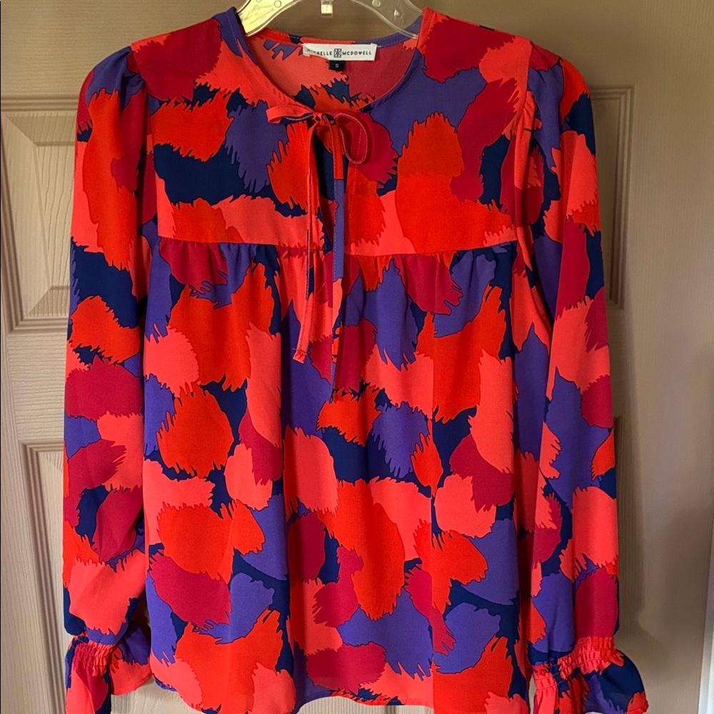 Red & Purple Tie-Neck Long-Sleeve Blouse